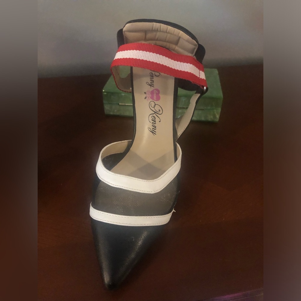 Penny Loves Kenny Black and White Pointed Toe Heels with Red Striped Ankle Strap - Picture 6 of 8